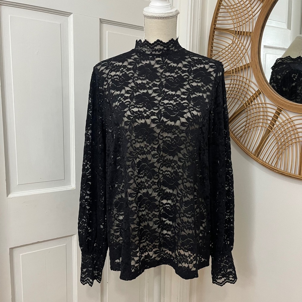 Black Lace High Neck Blouse L Sheer Floral Dark Academia Romantic Victorian Goth